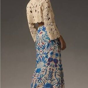 Farm Rio x Anthropologie Floral Blue and White Midi Skirt